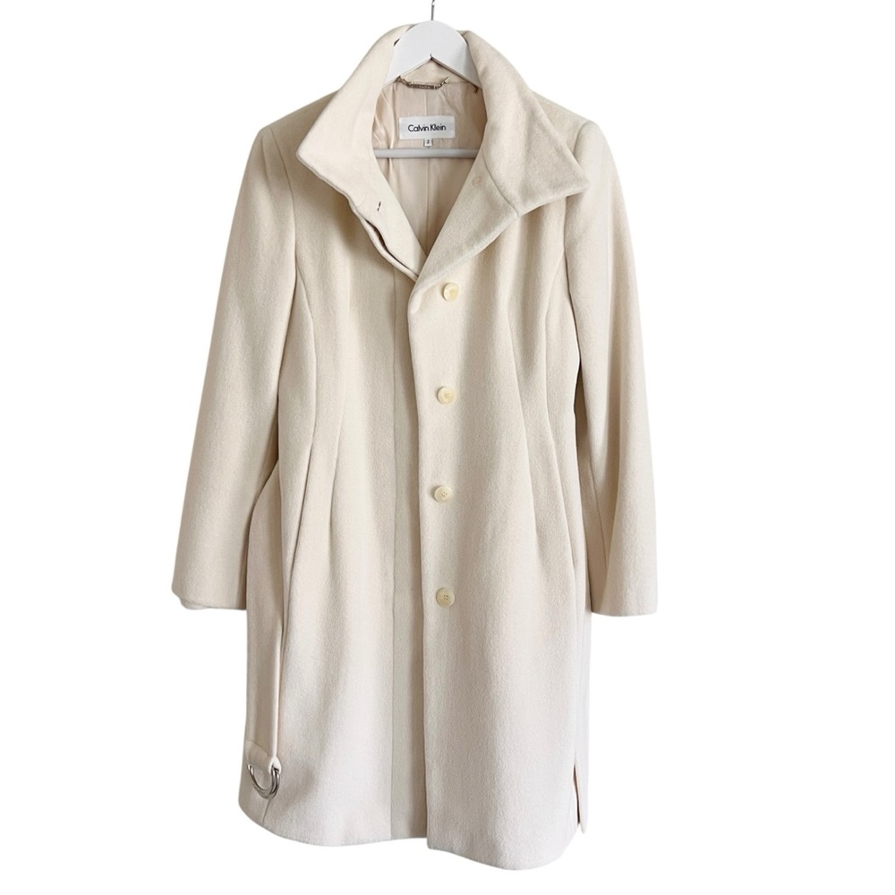 CALVIN KLEIN Wool Blend Trench Coat Buckle Waits and neck Cream Sz 2 - Picture 11 of 16